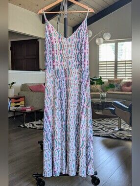 Viereck Jersey Knit Midi Dress in Multicolor Ikat Print w/ Tie Waist Size Large